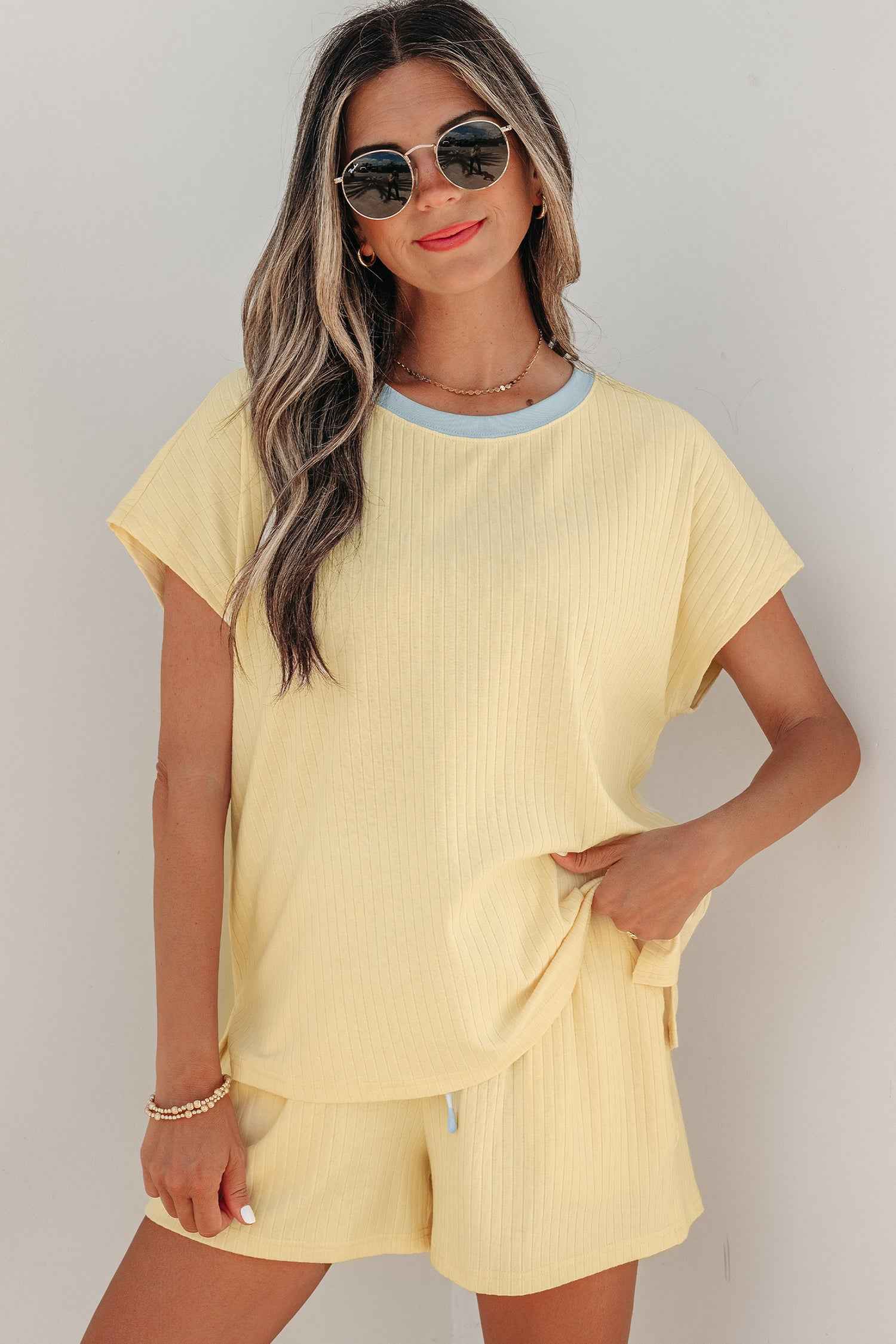 Clearly Aqua Soft Ribbed Color Block Trim Casual Short Set by Dear-Lover Dropshipping