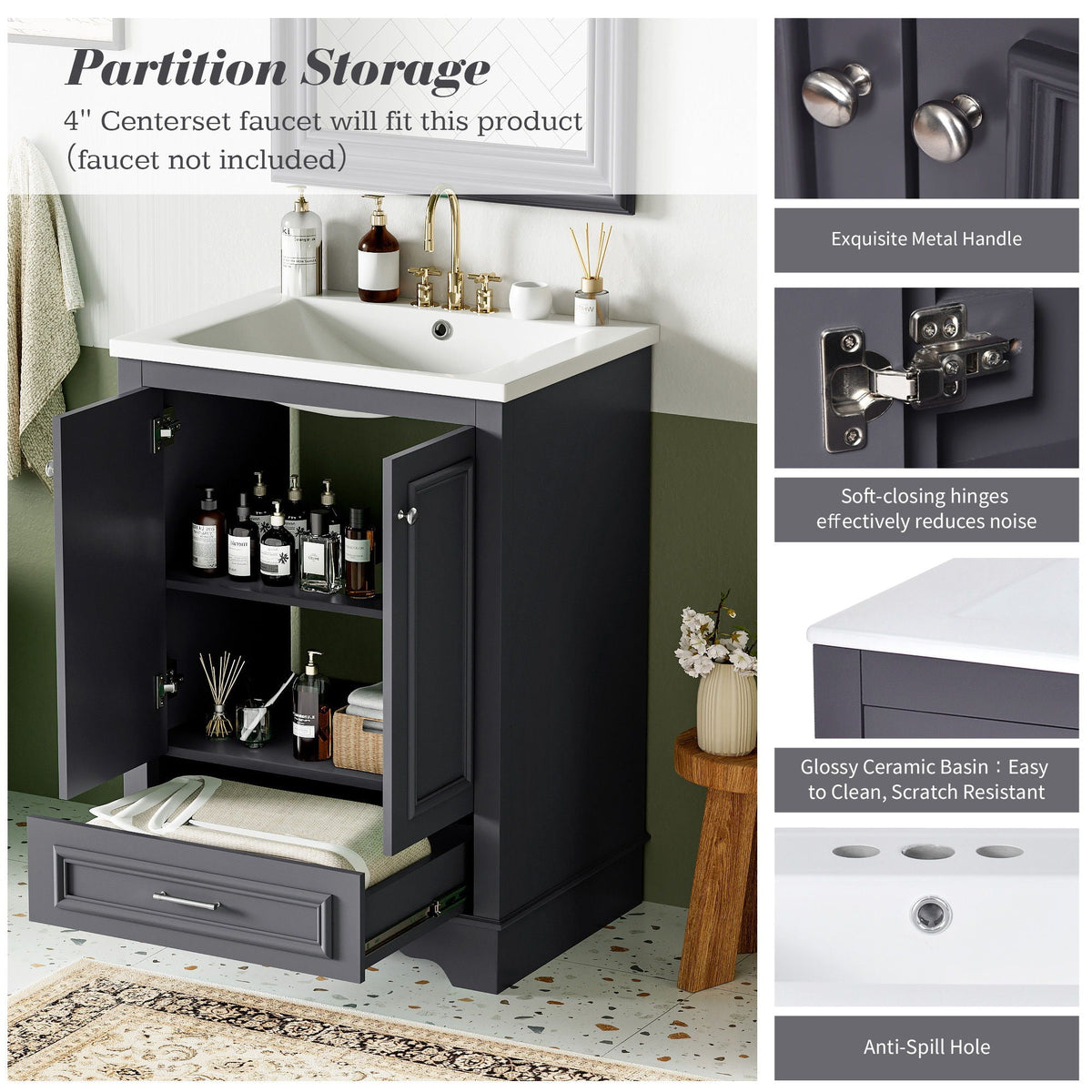 Bathroom Vanity With Ceramic Sink Combo, Modern Freestanding Storage Cabinet With Silver Handles by Unique Piece Furniture