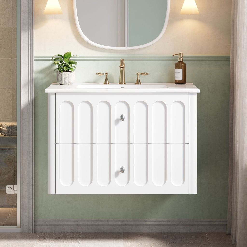Floating Bathroom Vanity With Oval Knobs & Round Edge, Soft Close Drawer Slides by Unique Piece Furniture