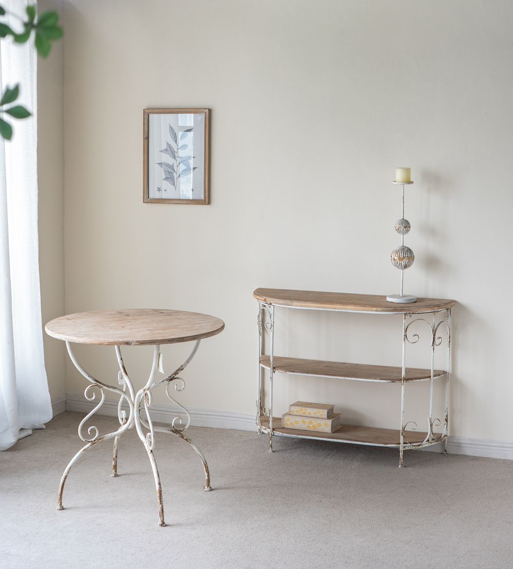 Round Wooden Table With Metal Scrollwork Legs - White Washed by Unique Piece Furniture