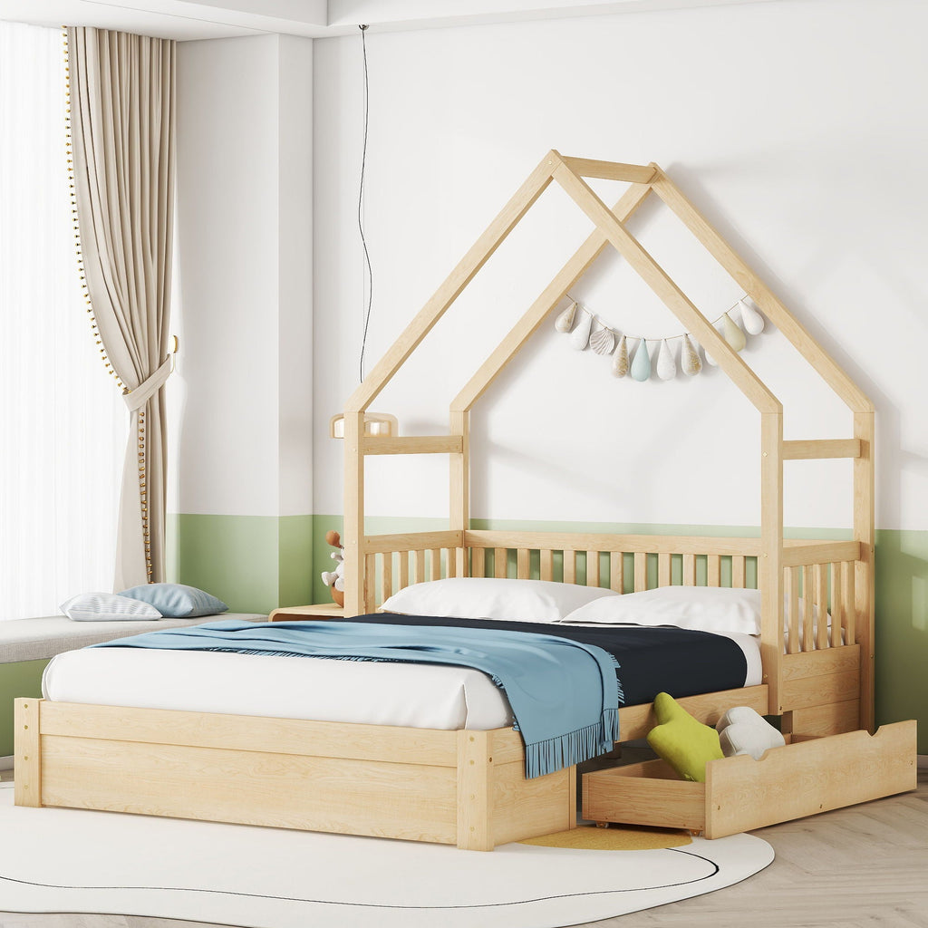 House Style Platform Bed With Guardrail And 2 Drawers by Unique Piece Furniture