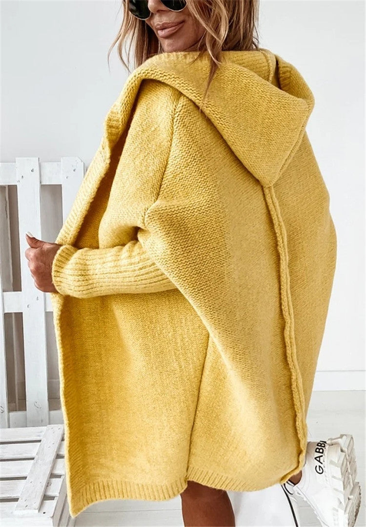 Fashion Bat Sleeve Hooded Cardigan Oversized Loose Temperament Solid Color Sweater Womens Clothing by Social Buzz eSIMs