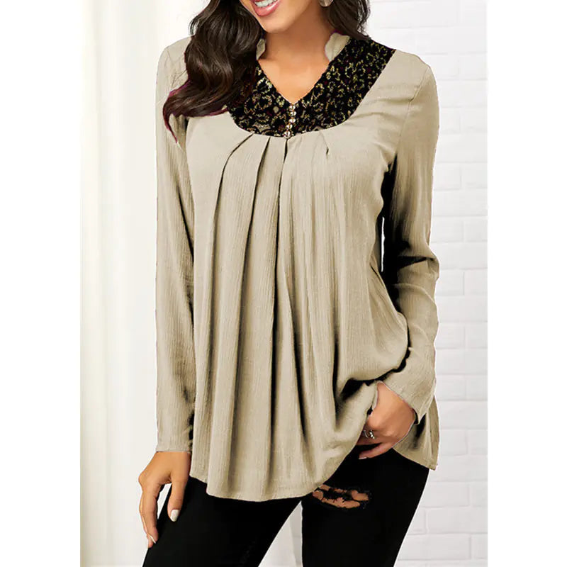 Printed V-neck Long Sleeve Lace Top. by Trendy Attic Store01