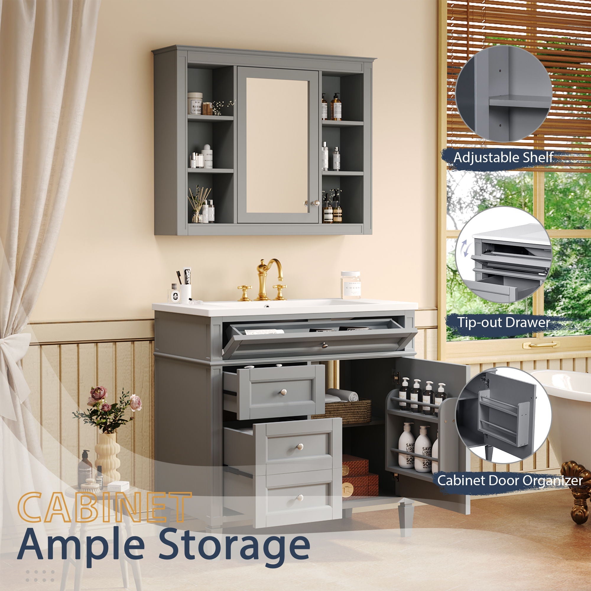 Bathroom Vanity With Mirror Cabinet, Single Sink With 2 Soft Closing Doors And 4 Drawers by Unique Piece Furniture