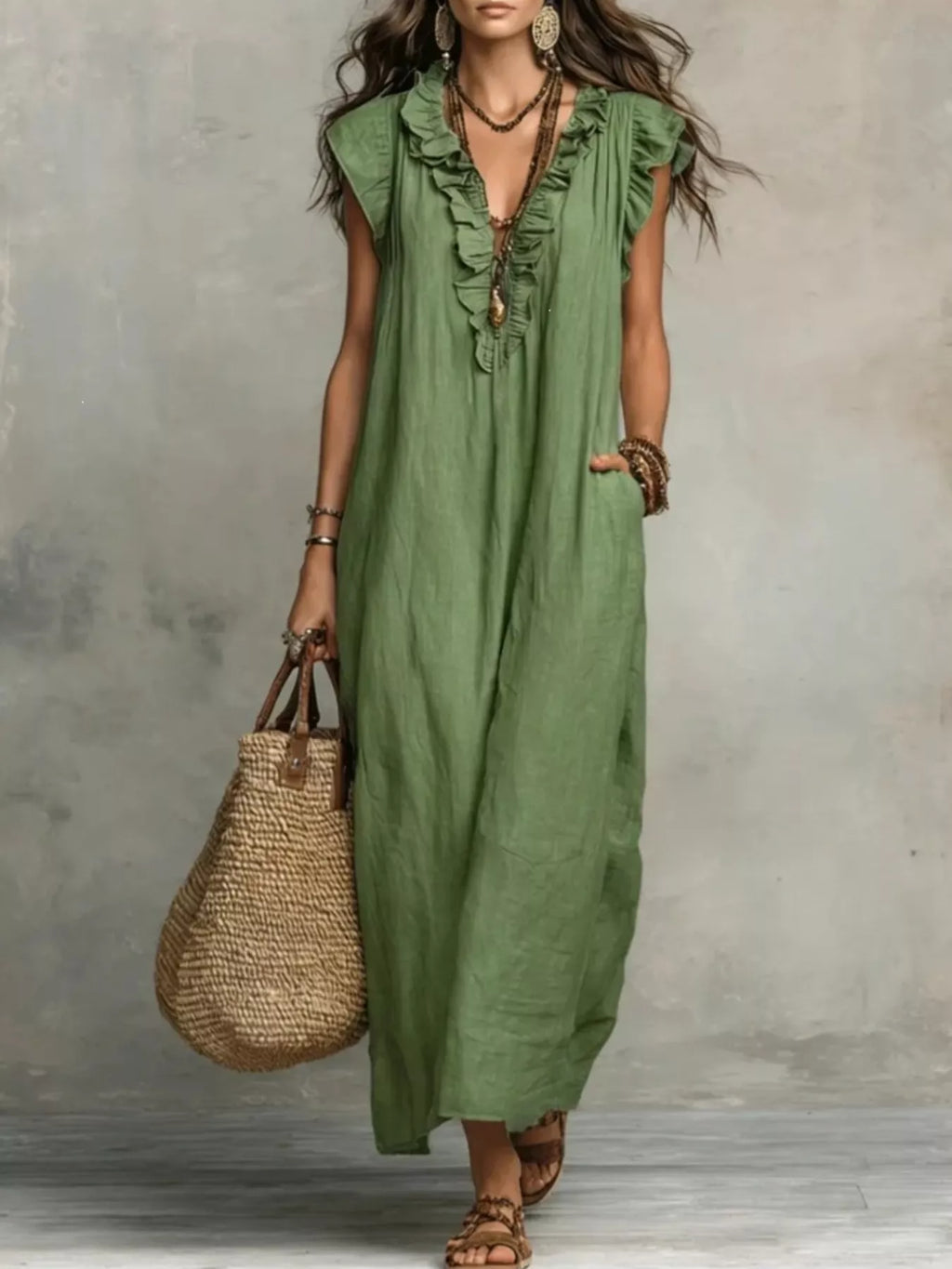 Full Size Ruffled V-Neck Cap Sleeve Maxi Dress Plus Size by Shopiebay