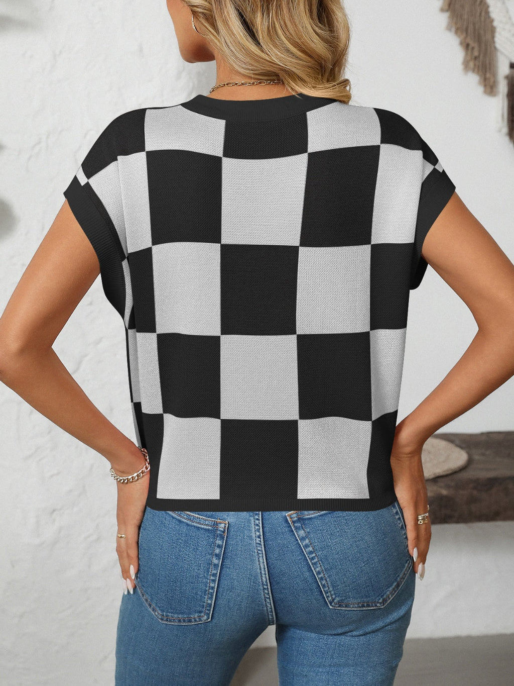 Mandy Checkered Round Neck Cap Sleeve Knit Top by Wild and Free Boutique