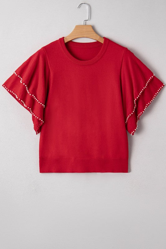 Solid Pearl Embellished Ruffle Sleeve Sweater by The Diamond Empire LLC