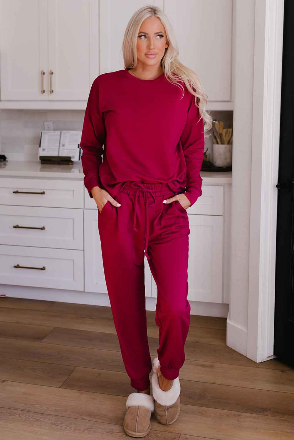 Round Neck Top and Drawstring Pants Lounge Set by Wild and Free Boutique