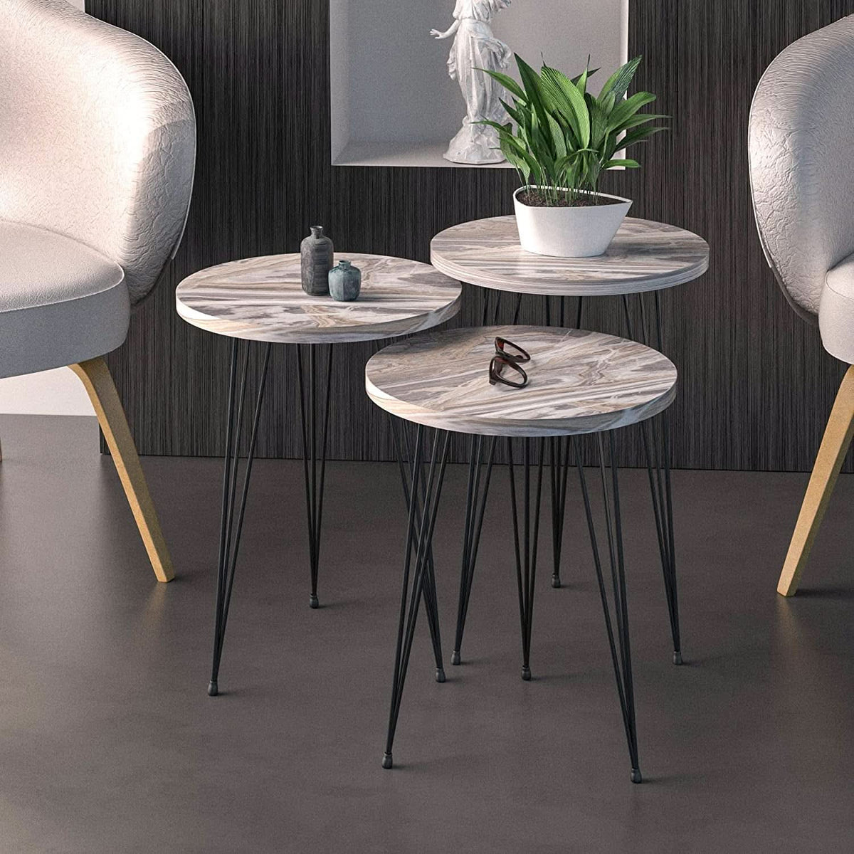 Grey Marble Nesting Tables Set Of 3 Modern Round End Tables by ShipItFurniture