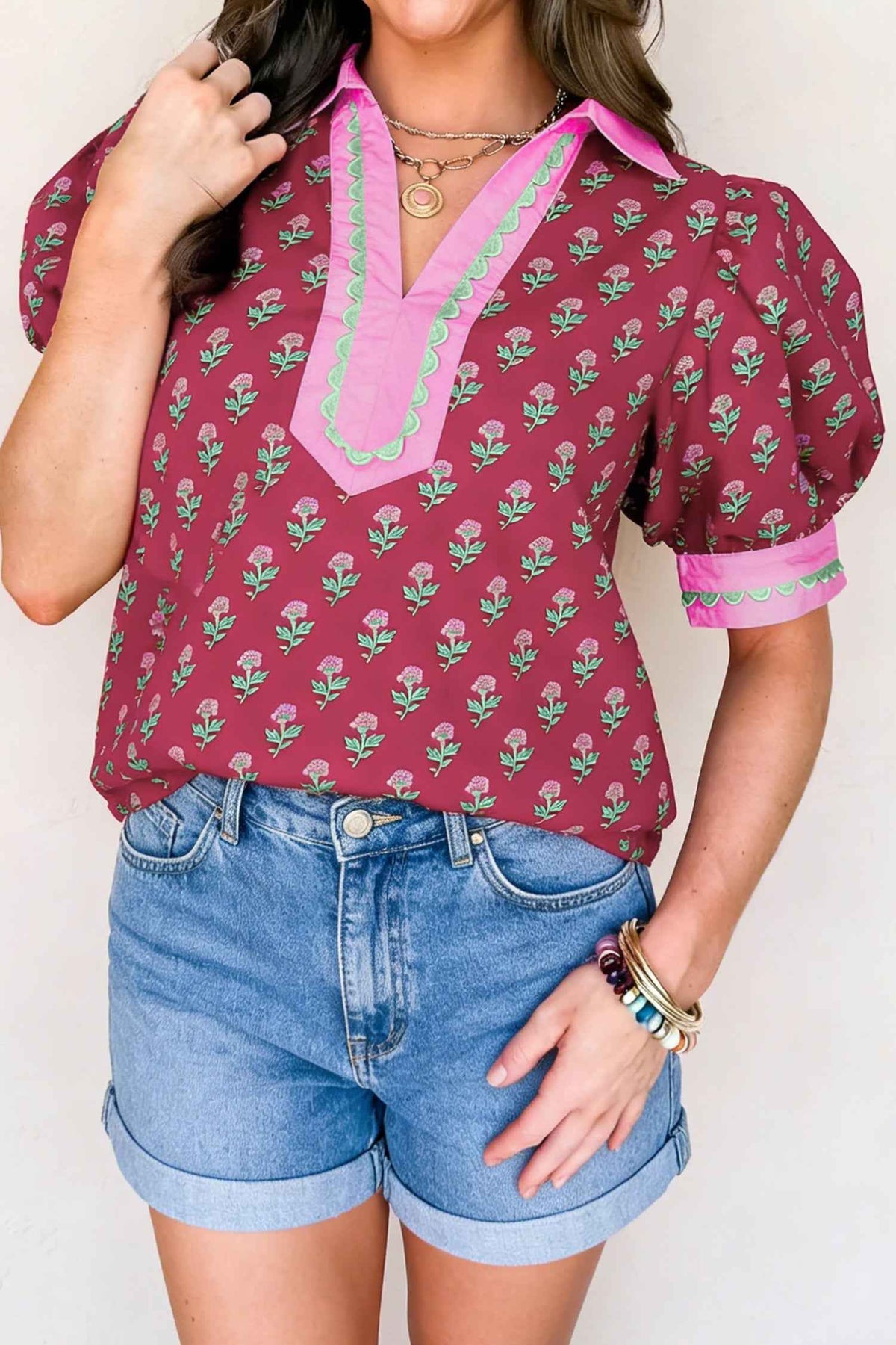 Red Contrast Collared V Neck Ricrac Trim Short Puff Sleeve Flower Blouse by Wild and Free Boutique