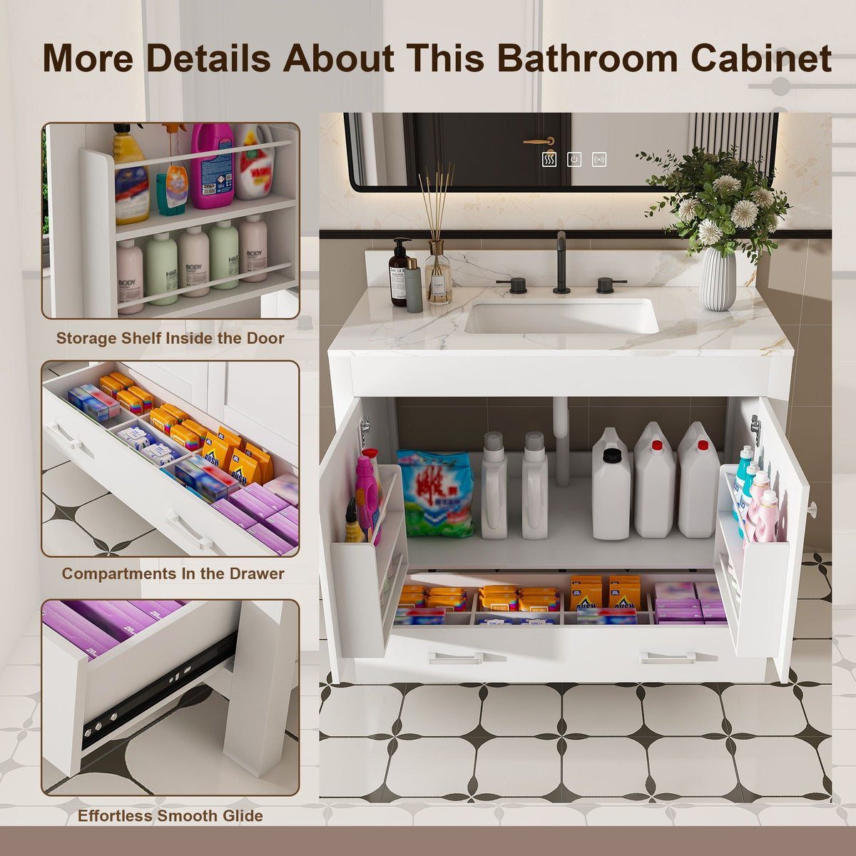 43" Bathroom Vanity, Multi Functional Cabinet With Doors And Drawer - White by Unique Piece Furniture