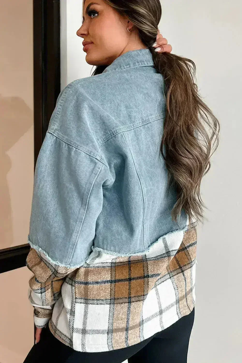 Khaki Plaid Patchwork Buttoned Oversized Denim Jacket by Femstylo