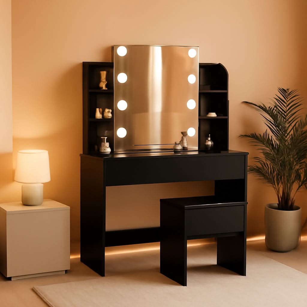 Black Vanity Set With 10 Lights For Bedroom Storage by ShipItFurniture