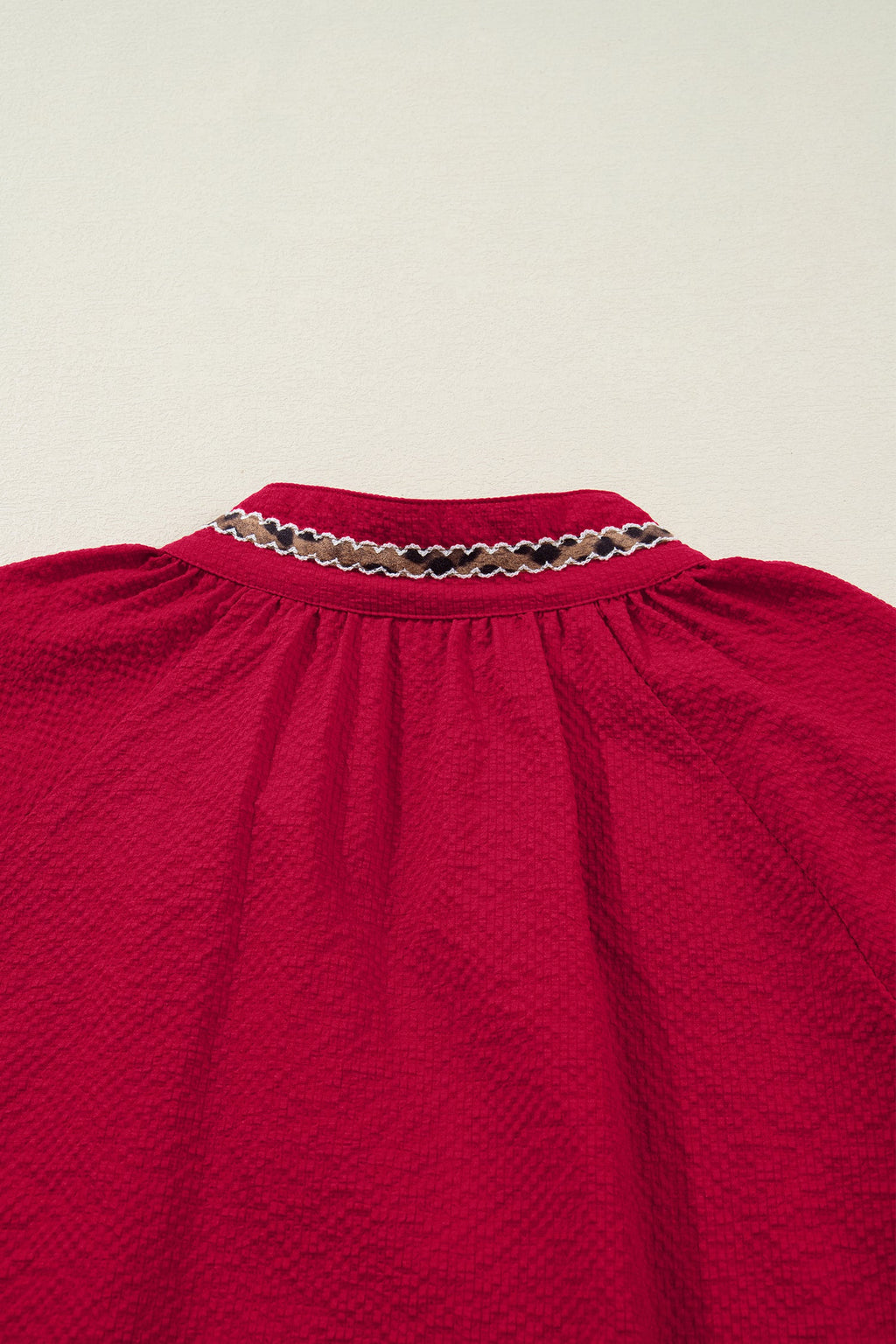 Racing Red Leopard Jacquard Print V Neck Textured Blouse by Wild and Free Boutique