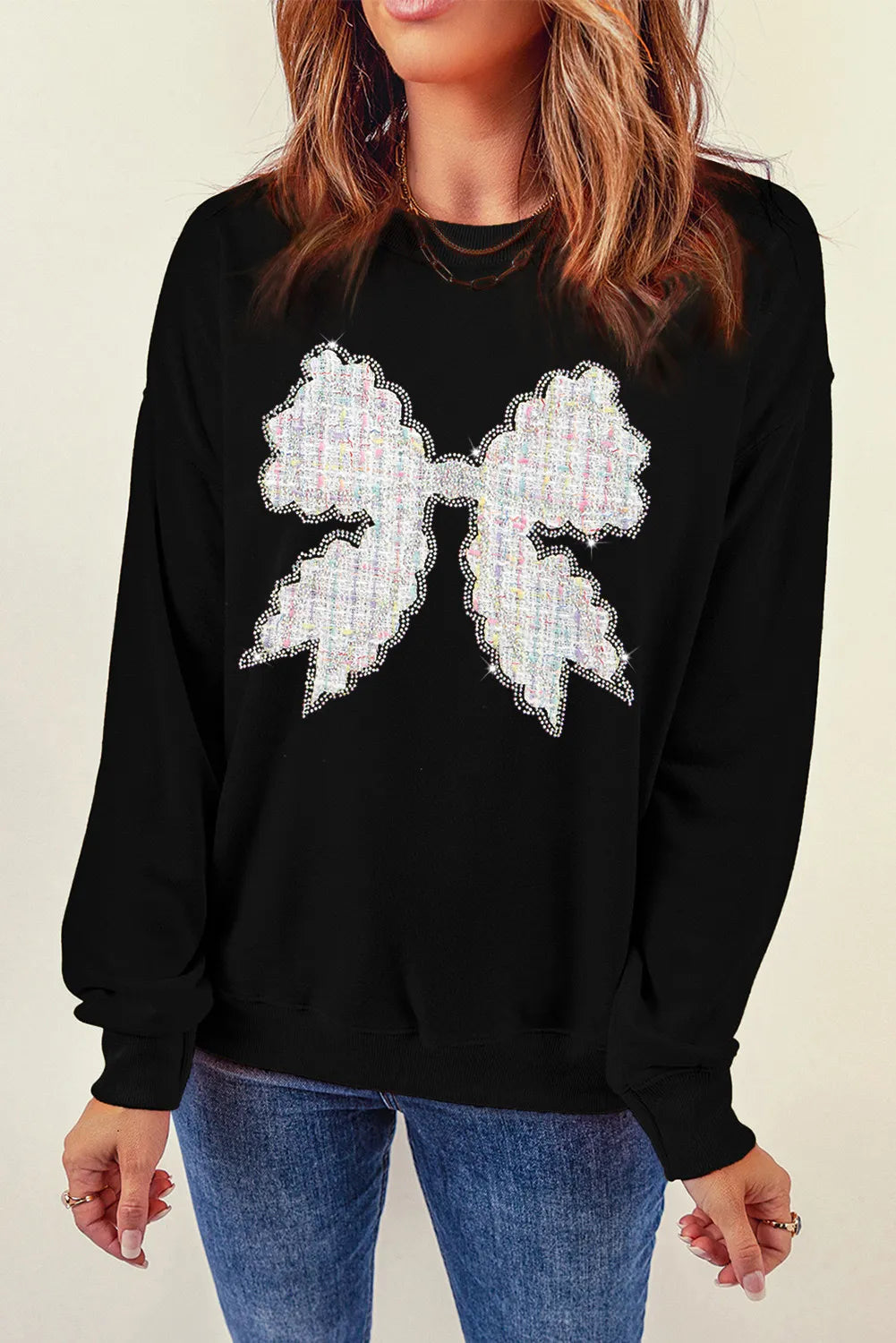 Contrast Bow Round Neck Long Sleeve Sweatshirt by Wild and Free Boutique