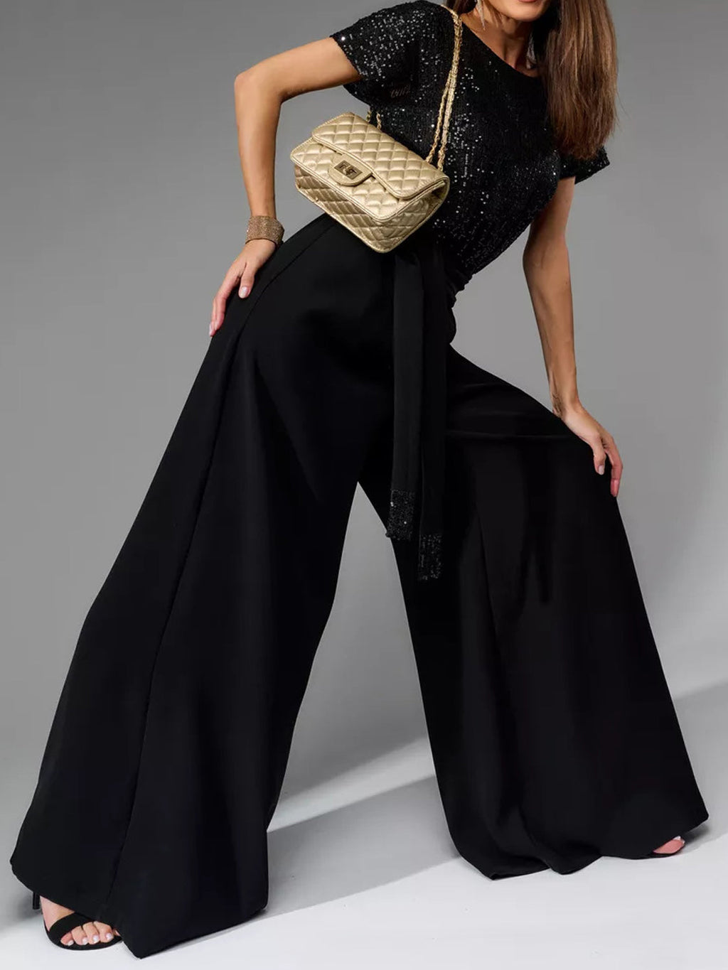 Full Size Sequin Round Neck Short Sleeve Wide Leg Jumpsuit by Wild and Free Boutique