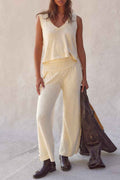Beige Solid Color Tank Top and Smocked Waist Pants Set by Wild and Free Boutique