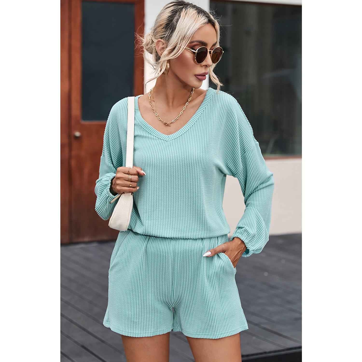 Mist Blue Corded V Neck Slouchy Top Pocketed Shorts Set Womenswear Clothing matching by Wild and Free Boutique