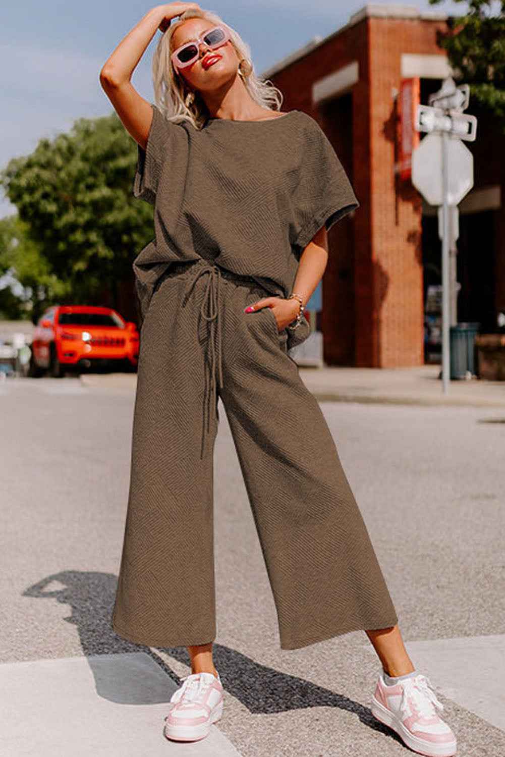 Brown Textured Loose Fit T Shirt and Drawstring Pants Set by Wild and Free Boutique