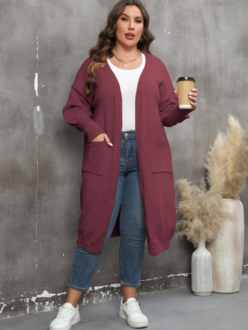 Plus Size Long Sleeve Pocketed Cardigan by Wild and Free Boutique