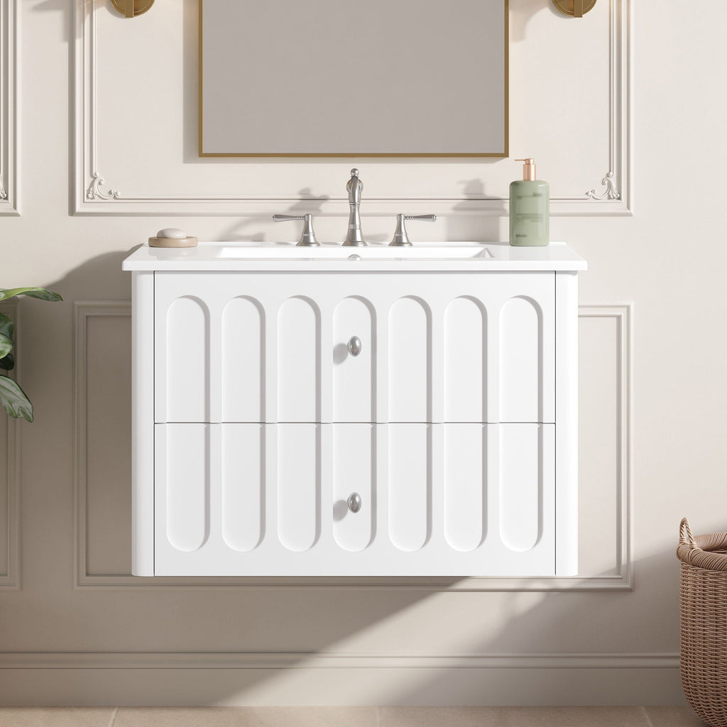 Floating Bathroom Vanity With Oval Knobs & Round Edge, Soft Close Drawer Slides by Unique Piece Furniture
