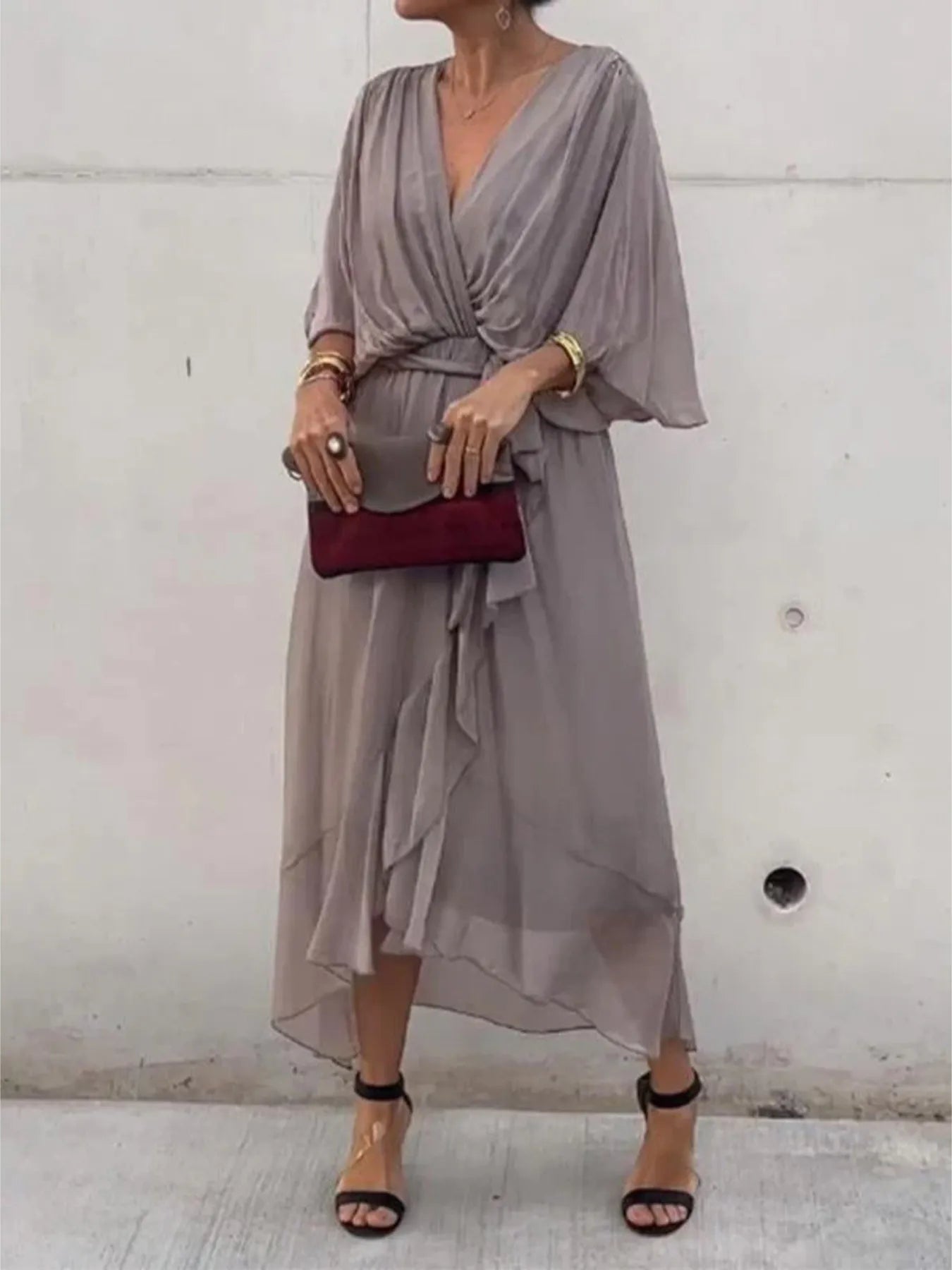 Flowy Tie Front Midi Dress with Flutter Sleeves by Shopiebay