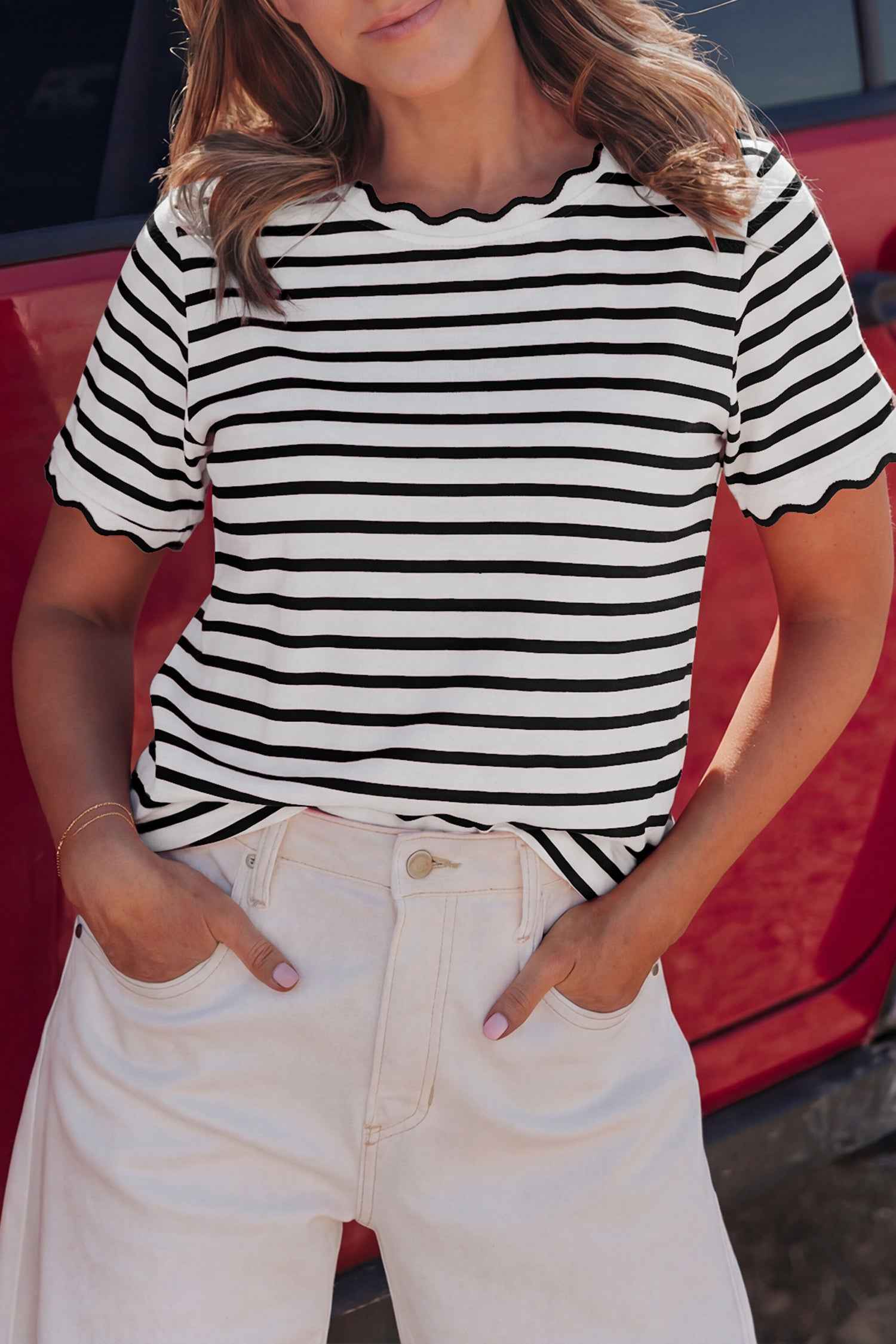 Black Stripe Scalloped Trim Round Neck T Shirt by Dear-Lover Dropshipping