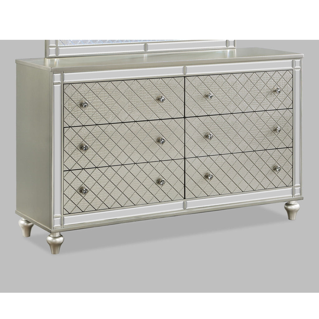 6 Drawer Bedroom Dresser With Diamond Patterned Drawer Fronts - Silver by Unique Piece Furniture