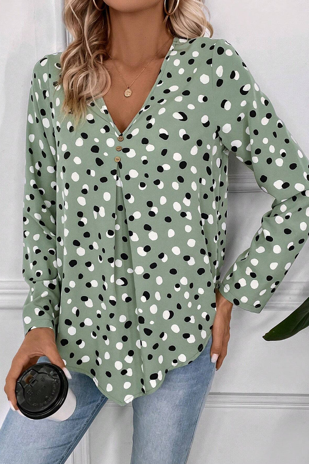 Green Polka Dot Print Button Front V Neck Blouse by Wild and Free Boutique