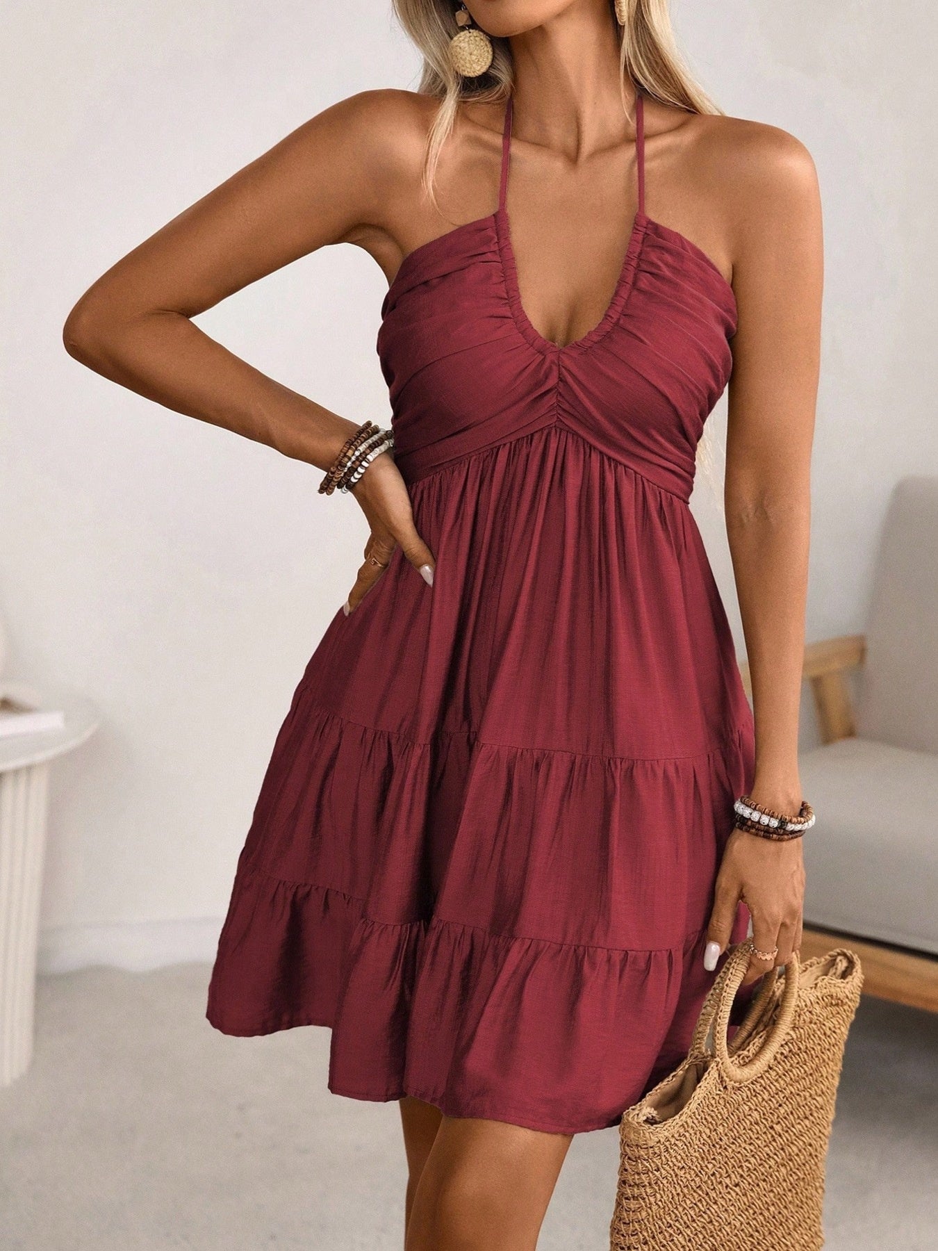 Smocked Halter Neck Tiered Dress by Shopiebay