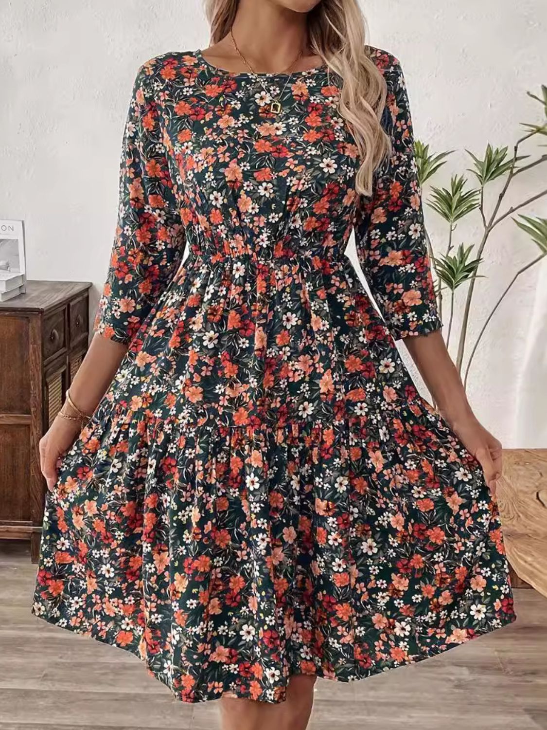 Frill Floral Round Neck Dress by Wild and Free Boutique