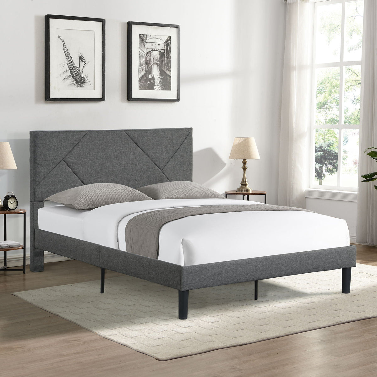 Upholstered Platform Bed Frame With Headboard, Wood Slat Support by Unique Piece Furniture