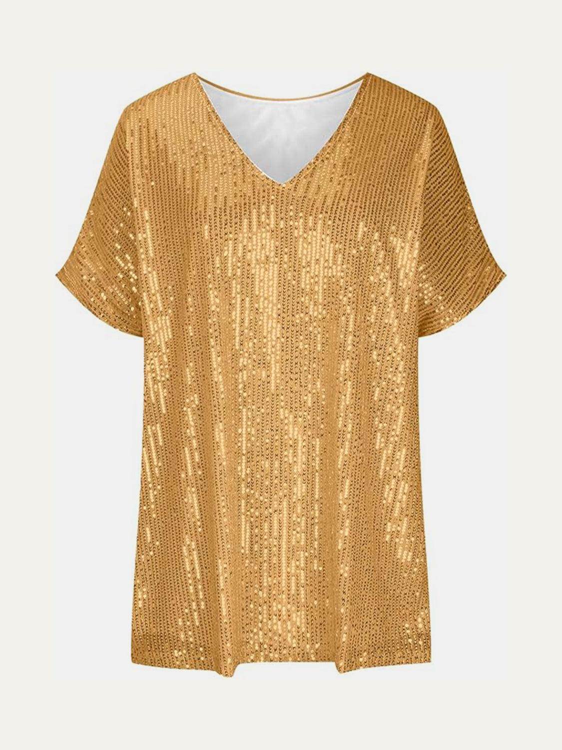 Full Size Sequin V-Neck Short Sleeve Top for Women by Selvanelle