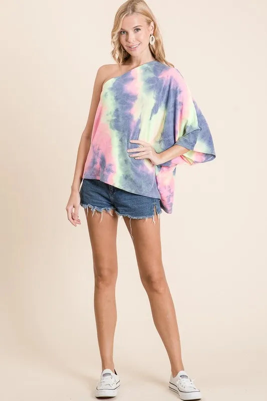 BiBi Tie Dye French Terry One Shoulder Top with Dolman by Wild and Free Boutique