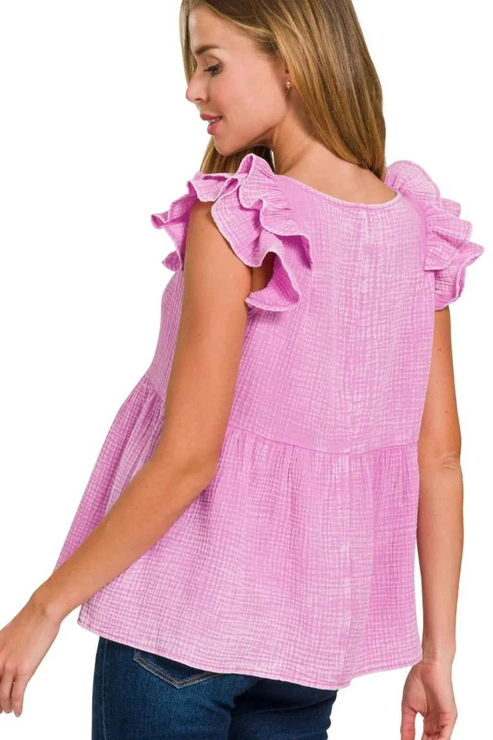 Zenana Double Gauze Acid Washed Tiered Ruffle Peplum Top by Wild and Free Boutique