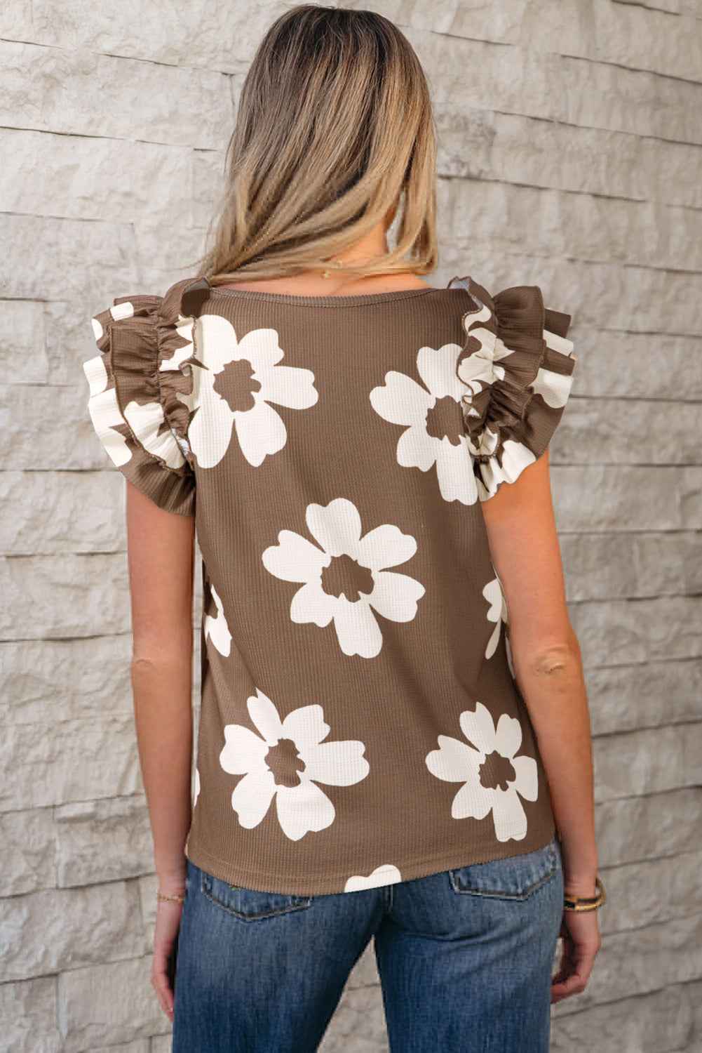Brown Floral Textured Ruffled Short Sleeve Square Neck Blouse by Wild and Free Boutique