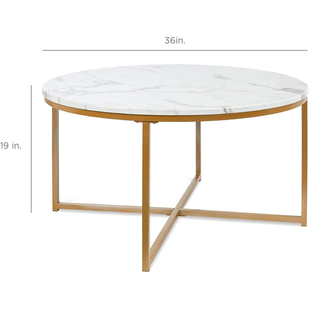 Round Coffee Table With Faux Marble Top Cross Leg Design by ShipItFurniture