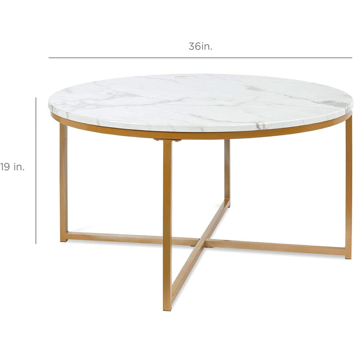 Round Coffee Table With Faux Marble Top Cross Leg Design by ShipItFurniture