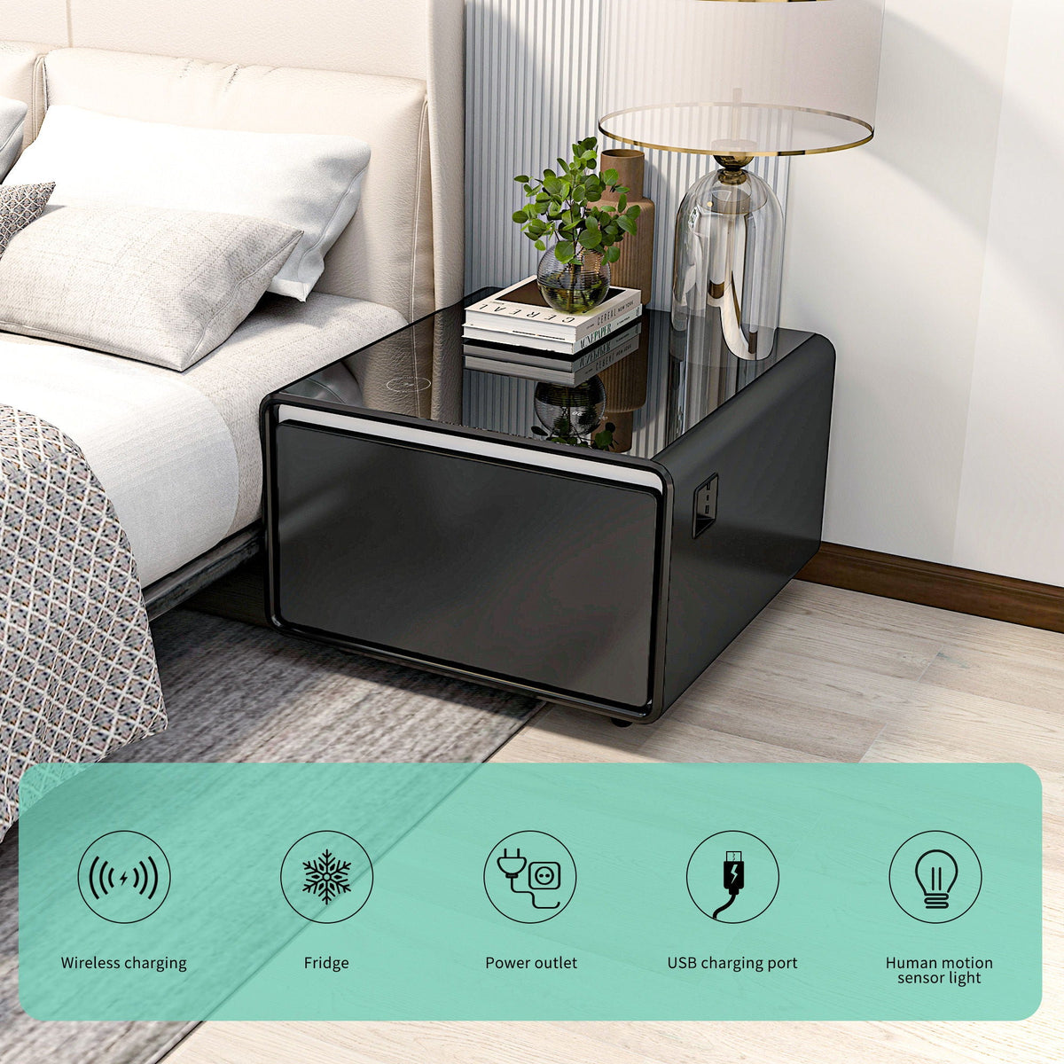 Modern Smart Side Table With Built-In Fridge, Wireless Charging, Temperature Control, Power Socket, USB Ports, Outlet Protection, Induction Light by Unique Piece Furniture