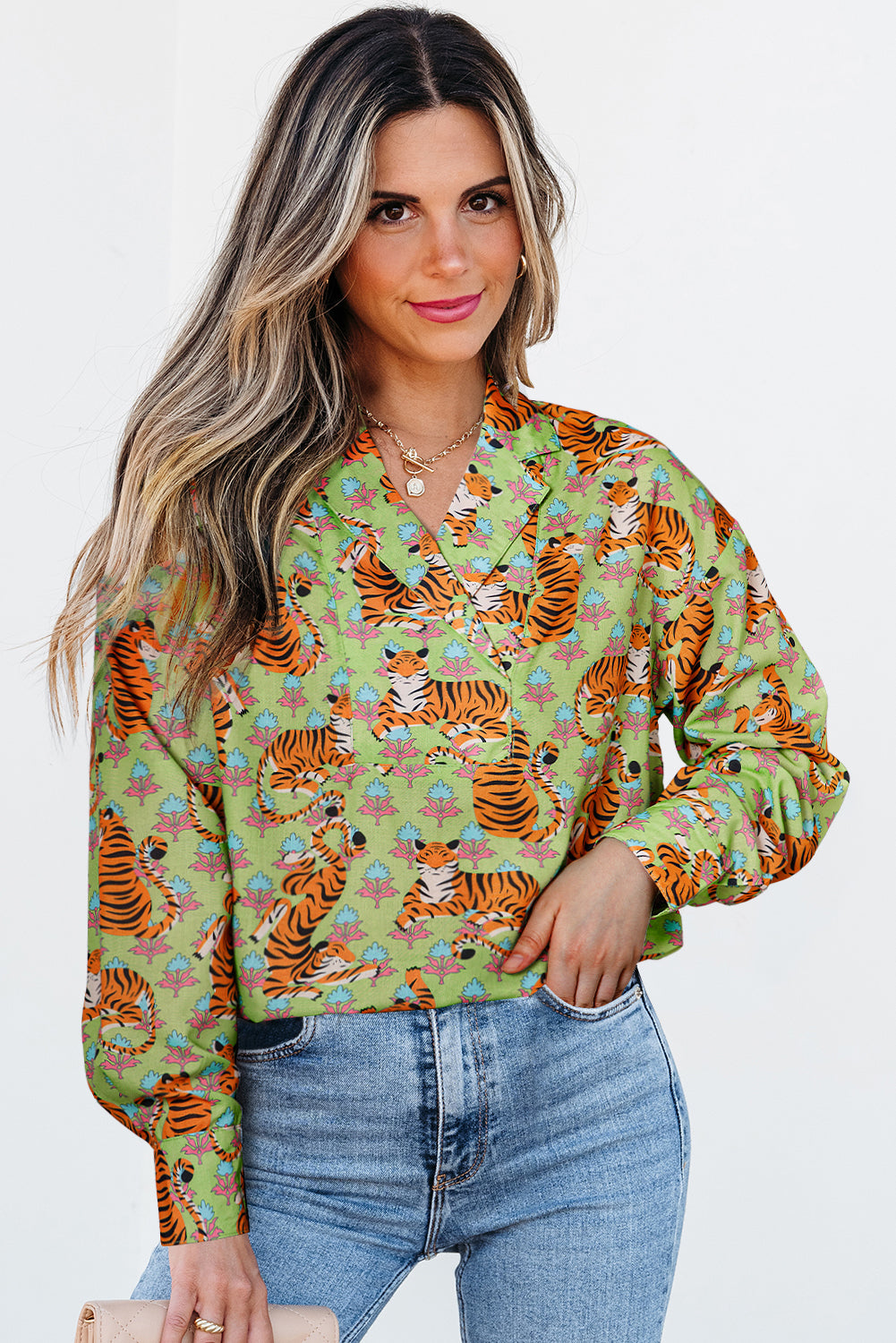 Green Tiger Floral Printed Collared V Neck Casual Shirt by Dear-Lover Dropshipping