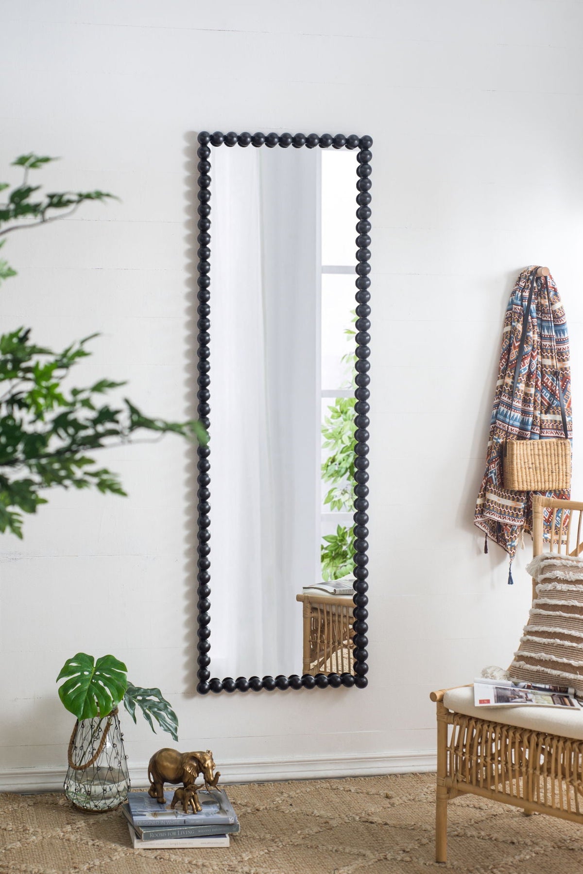 Full Length Mirror With Metal Beaded Frame, Rectangular Oversized Mirror For Living Room Bedroom - Black by Unique Piece Furniture