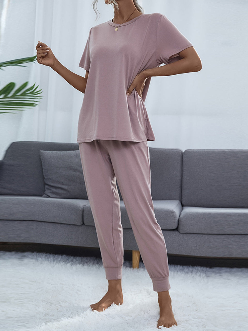 Shiny Round Neck Short Sleeve Top and Pants Set by Wild and Free Boutique