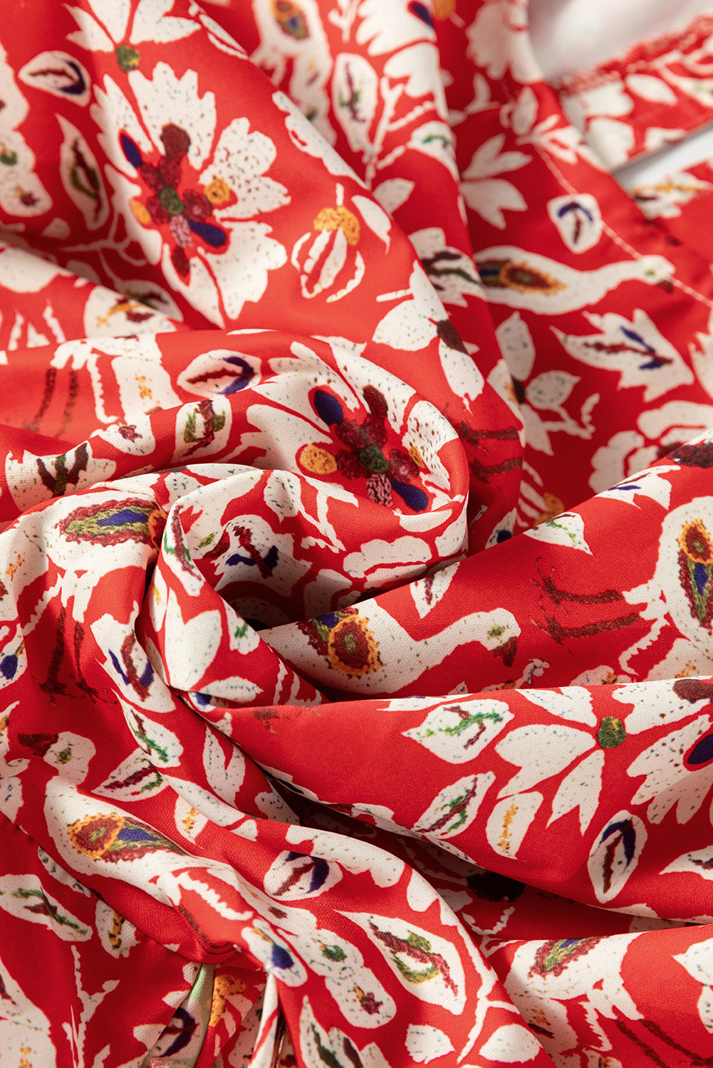 Red Colorful Floral Patchwork Long Sleeve Pleated Mini Dress by Dear-Lover Dropshipping