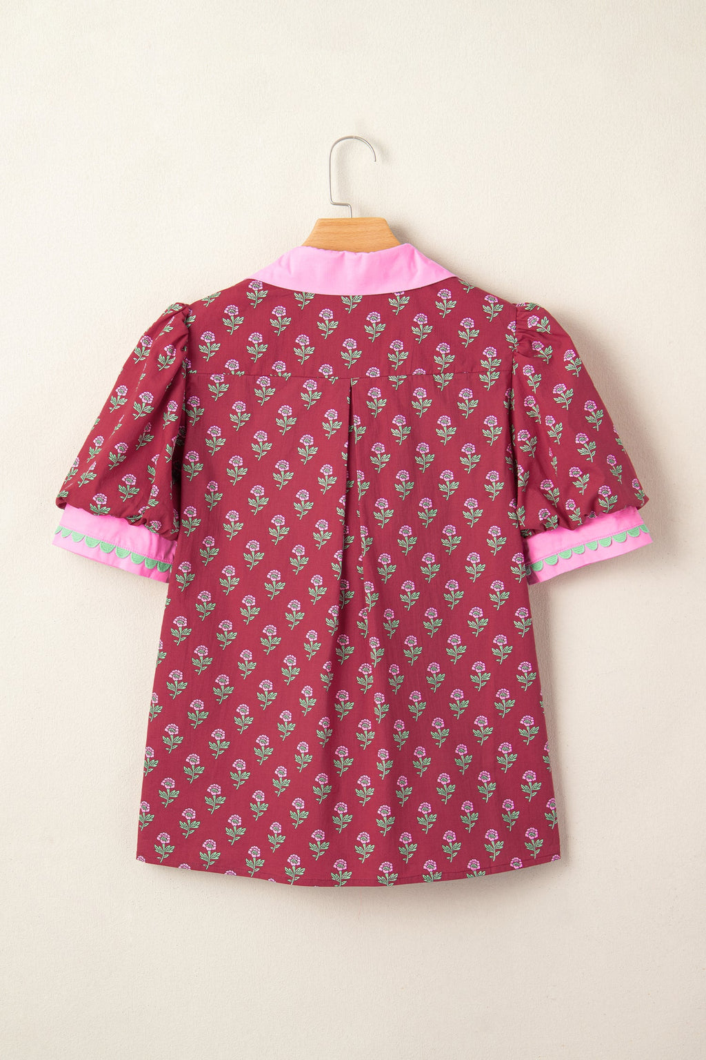 Red Contrast Collared V Neck Ricrac Trim Short Puff Sleeve Flower Blouse by Wild and Free Boutique