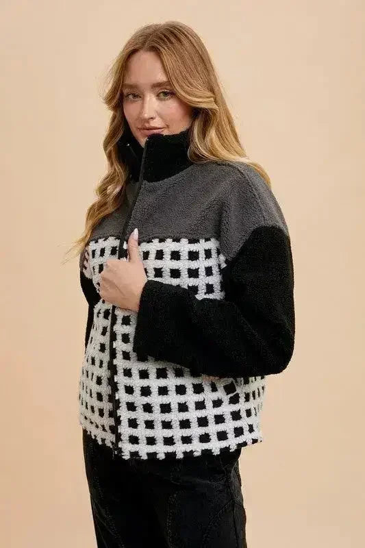 Annie Wear Plaid Zip Up Drop Shoulder Sherpa Jacket by Femstylo