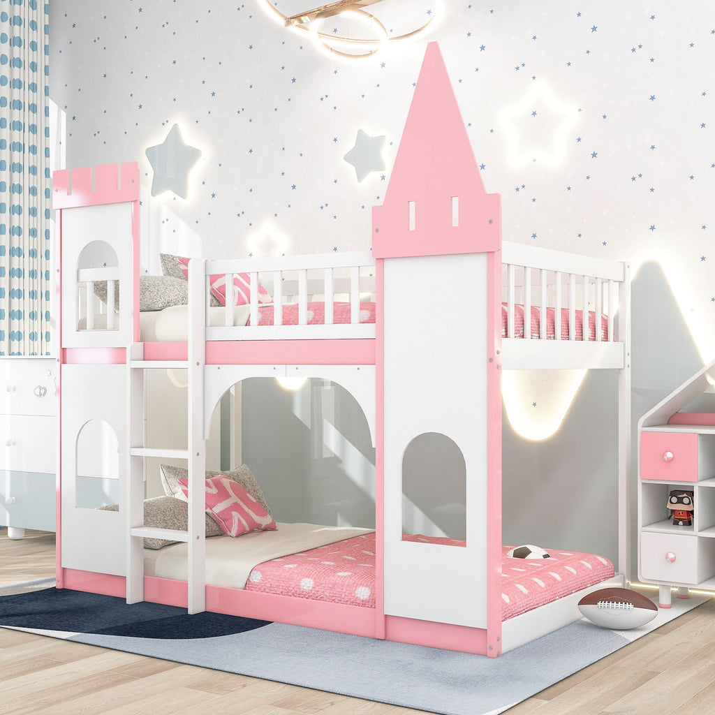 Twin Over Twin Castle Bunk Bed With Ladder - Pink by Unique Piece Furniture