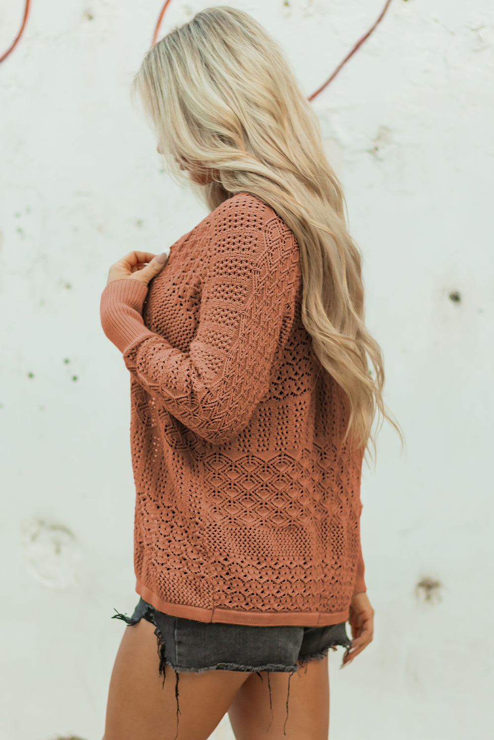 Redwood Burl Mix Pattern Hollowed Knit Open Front Cardigan by Dear-Lover Dropshipping
