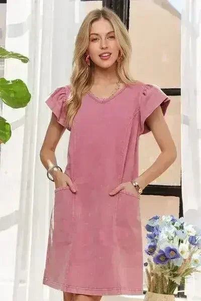 ADORA Mineral Washed V-Neck Ruffled Cap Sleeve Dress by Femstylo
