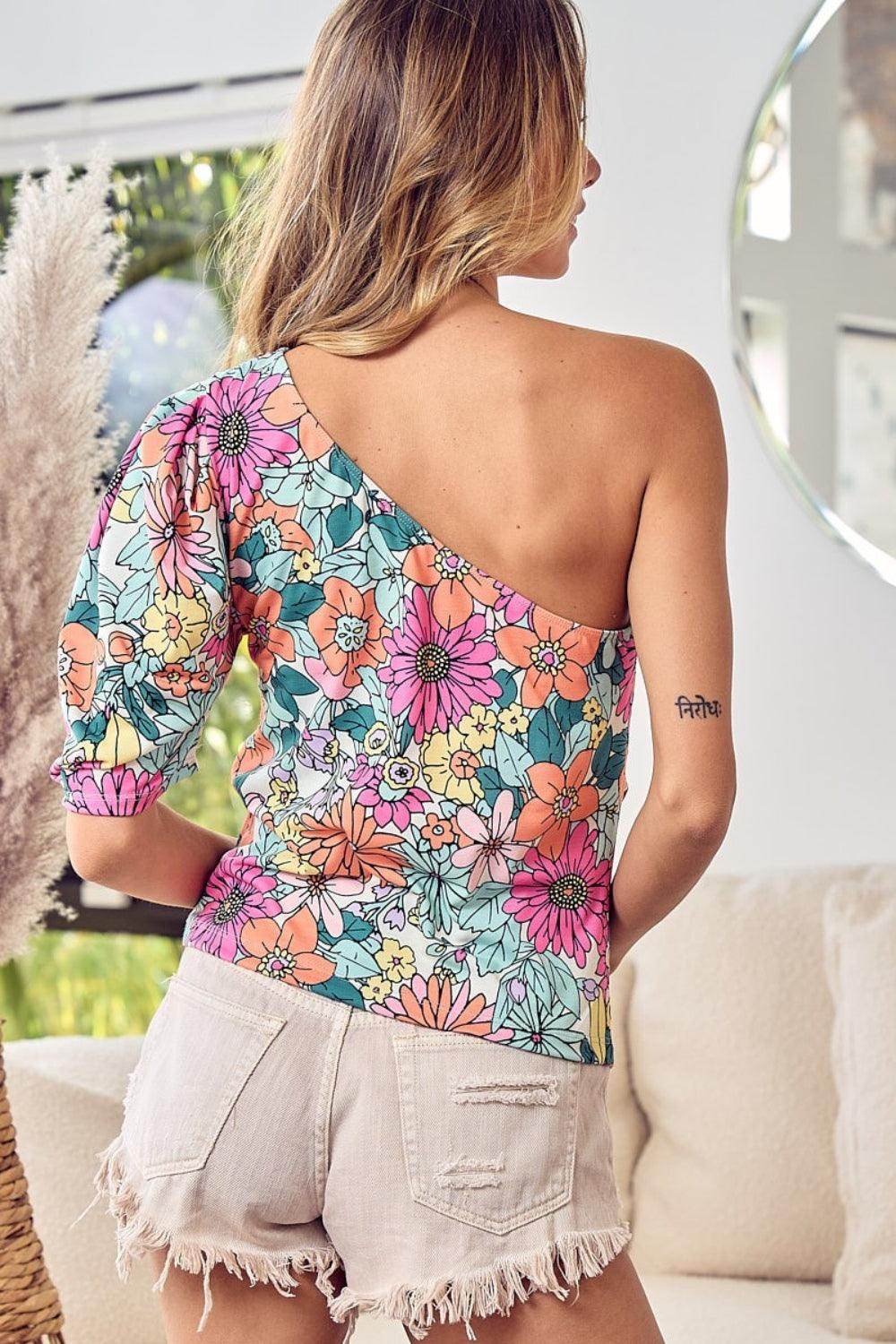 BiBi Floral Puff Sleeve One Shoulder Top for Women by Selvanelle