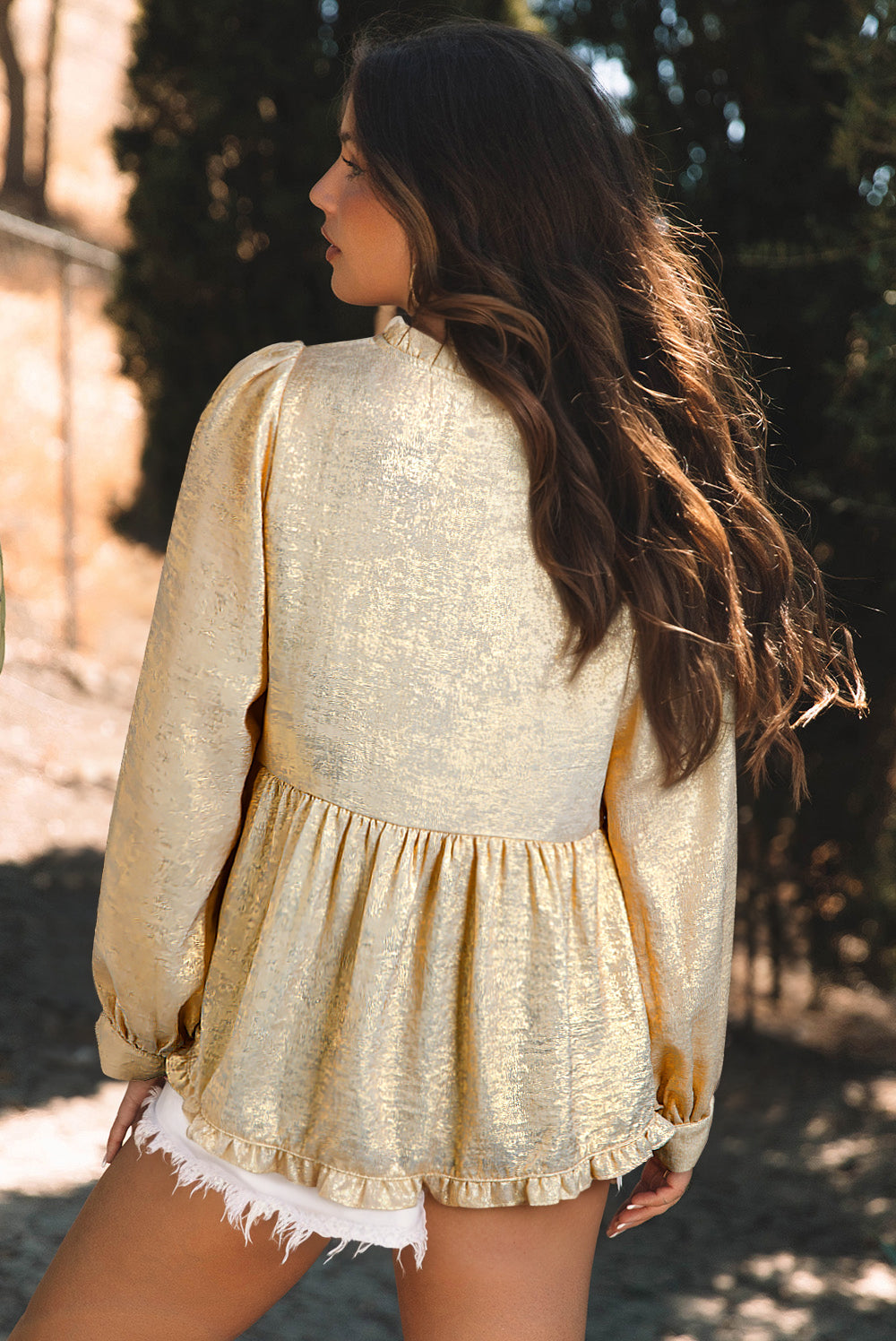 Gold Metallic Frilled V Neck Puff Sleeve Babydoll Blouse by Wild and Free Boutique